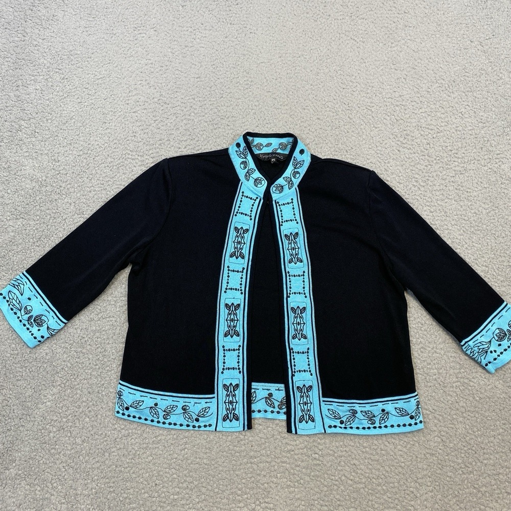 Ming Wang Sweater Jacket Women's PS Knit Black Turquoise Open Front Preppy